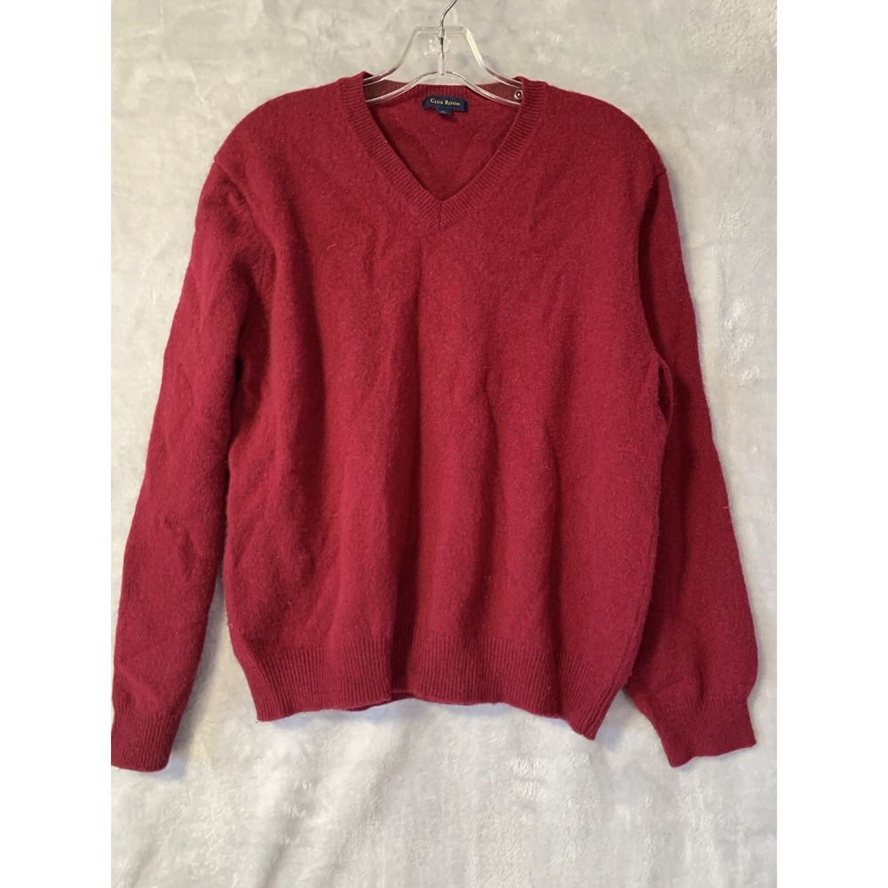Club Room Mens Sweater Large Maroon 100% Lambs Wool‎ V-Neck Long Sleeve Flaw